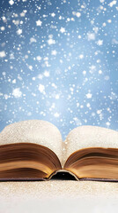 Open Book Rests on Glittering Surface with Falling Snow and Stars Background