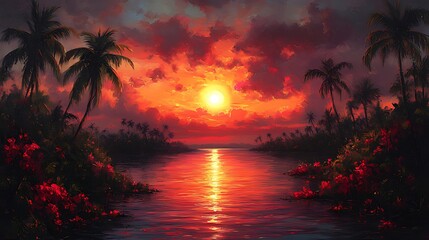 Tropical sunset river, vibrant sky, palm trees, flowers, idyllic scene, travel poster