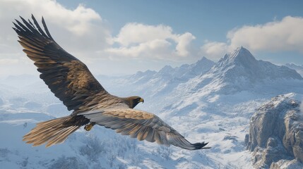 Fototapeta premium A rugged mountain landscape with a golden eagle soaring overhead, its wings spread wide against a backdrop of snow-covered peaks.