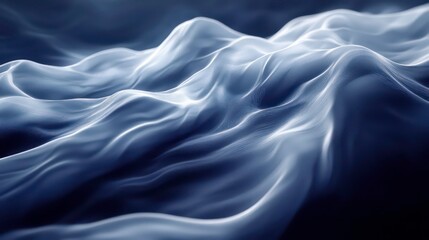 Naklejka premium Abstract blue waves, flowing fabric texture, smooth curves, dynamic, elegant, soft light, dark background.