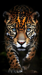 Obraz premium Majestic Jaguar Stalks Prey with Intense Gaze and Powerful Stride in Dark Jungle