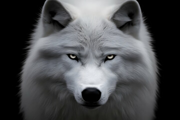 Naklejka premium Majestic White Wolf Portrait Intensely Stares with Piercing Eyes on Dark Background