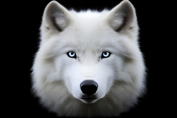 White Wolf with Piercing Blue Eyes Gazes Intently from a Dark Background