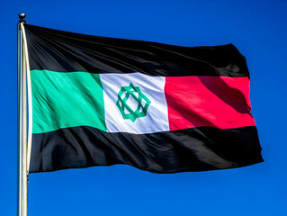 Black, Green, White, and Red Flag Waves Proudly Against a Vibrant Blue Sky