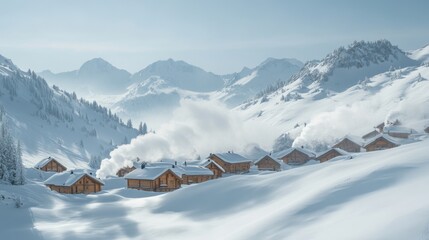 A snow-blanketed village nestled in a mountain valley, with smoke rising from chimneys.