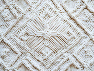 Close-up of intricate cable knit sweater texture showcasing detailed diamond and floral patterns flawlessly.