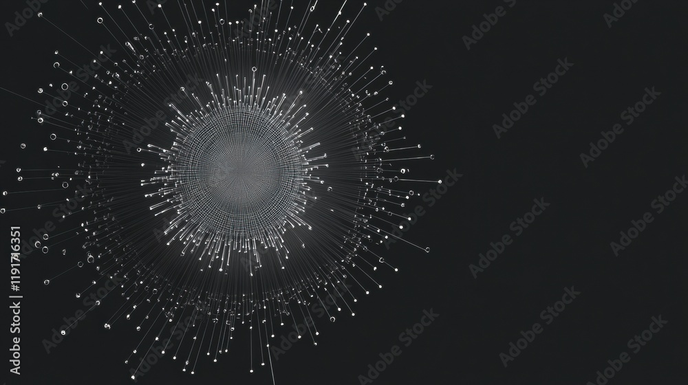 Poster Graphical representation of a virus with minimalistic design on a dark background showcasing intricate details and structure. Generative AI