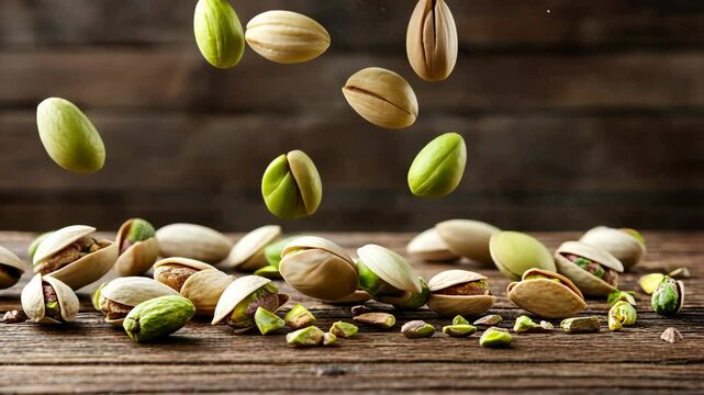 Pistachio nuts scattered on rustic wooden tabletop showcasing vibrant green kernels