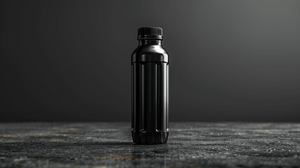 A black bottle with a black cap sits on a table