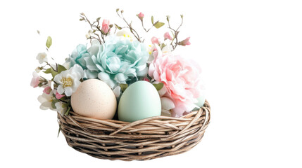 Basket with flowers and Easter eggs transparent background
