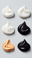 Creamy Textures of Cosmetic Creams in White, Beige, and Black on Gray Background