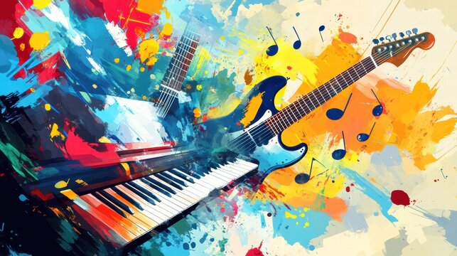 Creative energy captured through musical instruments with colorful notes and vibrant splashes in an artistic expression. Generative AI