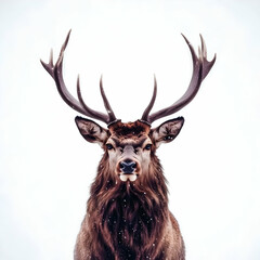 Majestic Deer Poses Proudly Against a Snowy White Backdrop, Showcasing its Impressive Antlers.