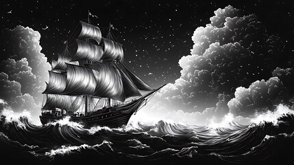 Monochrome ship sailing stormy night sea, clouds