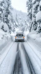 Car Drives Down Snowy Road Through Winter Wonderland Forest with Heavy Snowfall and Blizzard