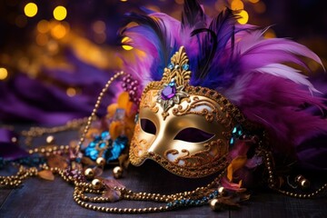 Elegant venetian mask with colorful feathers and jewels evokes the mystery and glamour of carnival celebrations