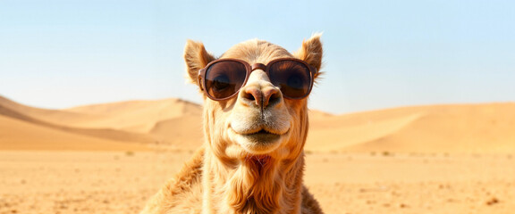 Camel wearing oversized sunglasses in sandy desert, quirky humor
