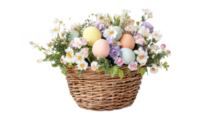 Basket with flowers and Easter eggs transparent background