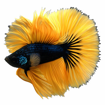 Yellow and Black Betta Fish Flaunts its Flowing Fins Elegantly Against White Background