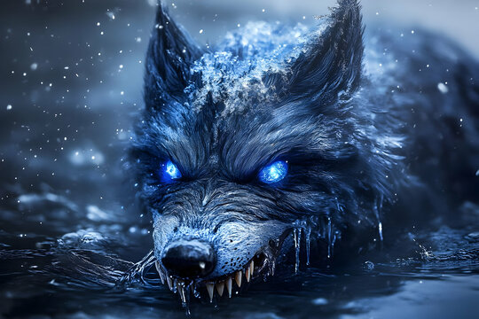 Ice Wolf Emeres from Icy Water with Glowing Blue Eyes in Winter Blizzard