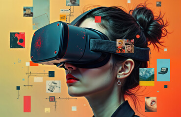 Woman wearing VR headset experiences digital collage world. Images of old photos film rolls, vintage posters overlap face. Virtual reality tech, retro media create mixed media effect. Concept photo