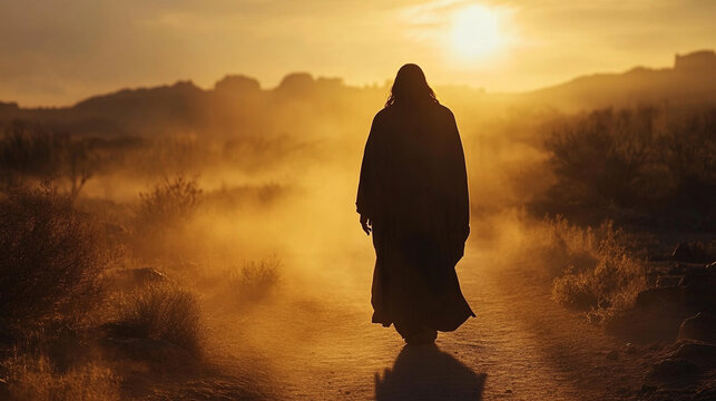 Back view of silhouette of Jesus Christ walking alone on an ancient dusty pathway at sunrise backlight emphasizing solitude and faith with blurred bright light tone and caption space on the side

