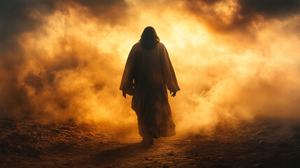 Back view of silhouette of Jesus Christ walking alone on an ancient dusty pathway at sunrise backlight emphasizing solitude and faith with blurred bright light tone and caption space on the side

