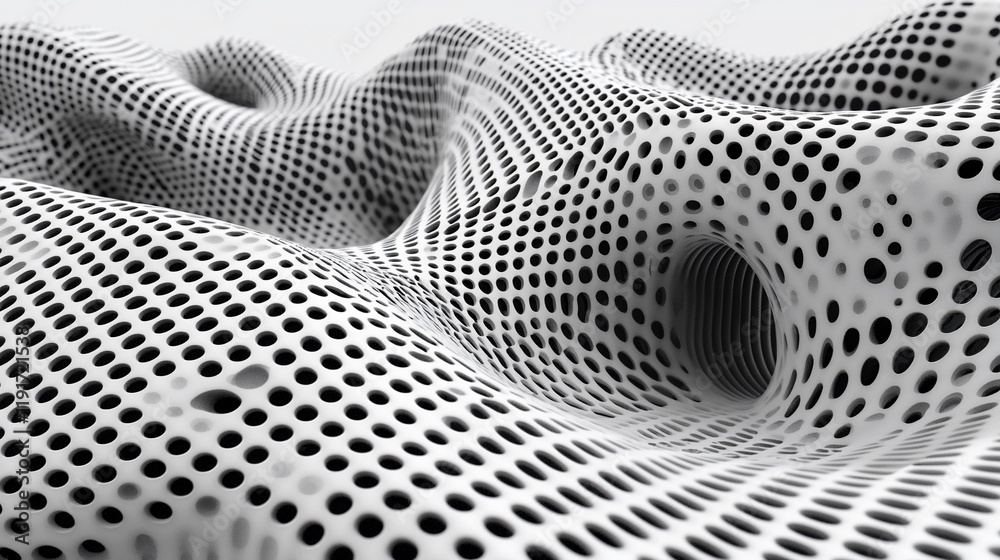 Poster abstract 3d rendered grayscale landscape with perforated surface and undulating hills.