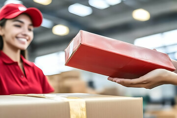 Warehouse worker receives a red package from a colleague efficiently and diligently in a busy warehouse.