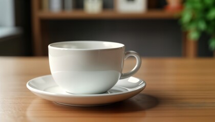 Empty white ceramic mug on wooden table. Plain design. Modern, simple, elegant object. Looks like morning breakfast time. Great for mockup for drink food. Possible use cases include advertising hot