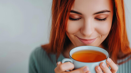 A lovely young woman with vibrant ginger hair elegantly brews tea in her cozy kitchen using an electric kettle.