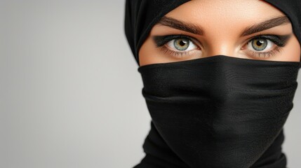 Naklejka premium A stunning young woman in a black hijab gazes confidently at the camera, radiating grace and beauty.