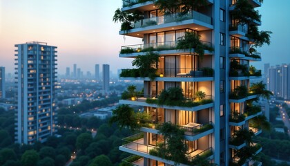 Obraz premium Modern high-rise apartment building with rich green plants, city view at dusk. Balconies adorned with plants, illuminated interiors. Urban landscape blends nature, tech design. Residential