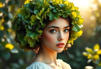 Green Leaf Crown Woman Portrait Soft Light Nature Beauty