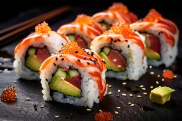 Freshly prepared uramaki sushi rolls, featuring salmon, tuna, avocado, cucumber, and sesame seeds, drizzled with a vibrant orange sauce and topped with glistening fish roe