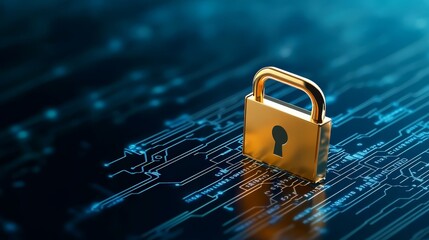 Cybersecurity visualization, padlock secured on circuit board symbolizing digital protection