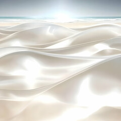 Flowing White Fabric Drapes Over a Tropical Beach at Sunset with Ocean Waves Gently Crashing