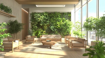 Modern Biophilic Office Interior with Green Wall and Natural Design