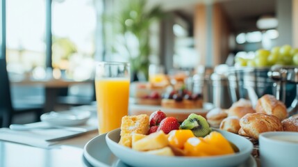 Hotel breakfast buffet offers a wide selection of fresh fruit, pastries, and juice, creating a tempting display for guests to enjoy during their holiday stay