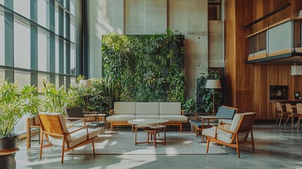 Obraz premium Modern Biophilic Office Interior with Green Wall and Natural Design