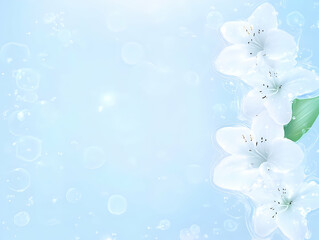 White Lilies Gracefully Adorn a Soft Blue Background with Delicate Bubbles Floating Gently Around