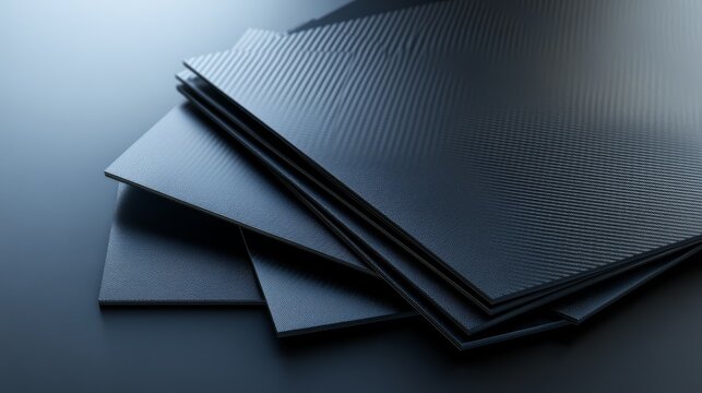 Gleaming stack of black plastic sheets, a textured industrial backdrop for modern design
