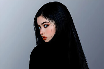 Digital Art of a Woman with Long Black Hair Looking Over Her Shoulder
