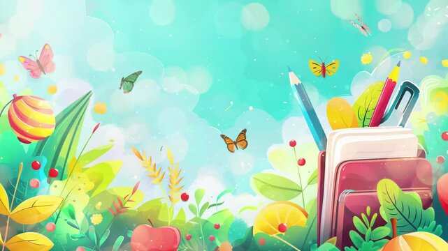 back to school concept banner and light blue background with butterfly and orb seamless looping overlay 4k virtual video animation background