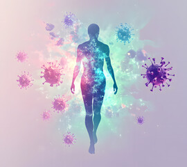 Silhouette of Human Body Amid Colorful Space and Viruses - Immunity and Health Concept