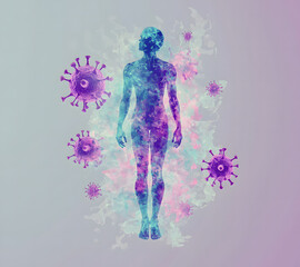 Fototapeta premium Silhouette of Human Body Amid Colorful Space and Viruses - Immunity and Health Concept