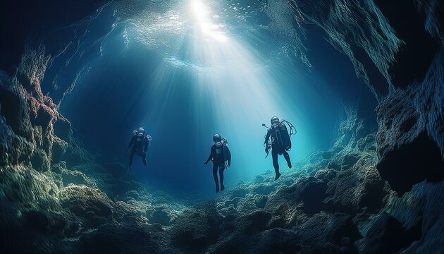 Generated image A mysterious underwater sinkhole, with divers exploring the dark, unknown depths.