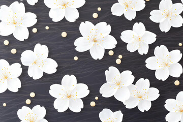White Paper Flowers with Gold Centers Bloom Elegantly on Dark Textured Background, a 3D Illustration
