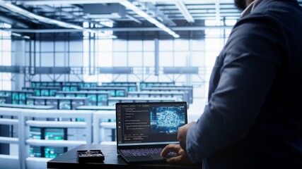Software developer in data center using artificial intelligence computing simulating human brain....