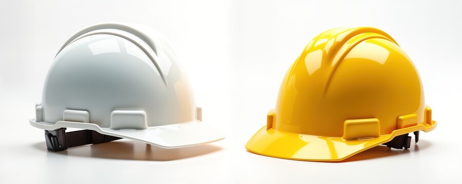 Two hard hats displayed. One white, yellow. Isolated against plain white background. Safety helmets crucial for construction workers. Image highlights industrial safety equipment for work